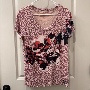 Tory Burch Leopard Floral Print Tee Small 100% Pima Cotton Scoop Neck EUC Pink